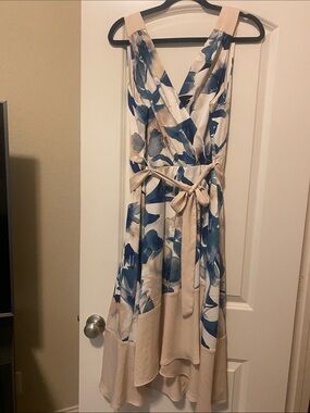 DKNY Cream & Blue Floral Wrap Midi Dress